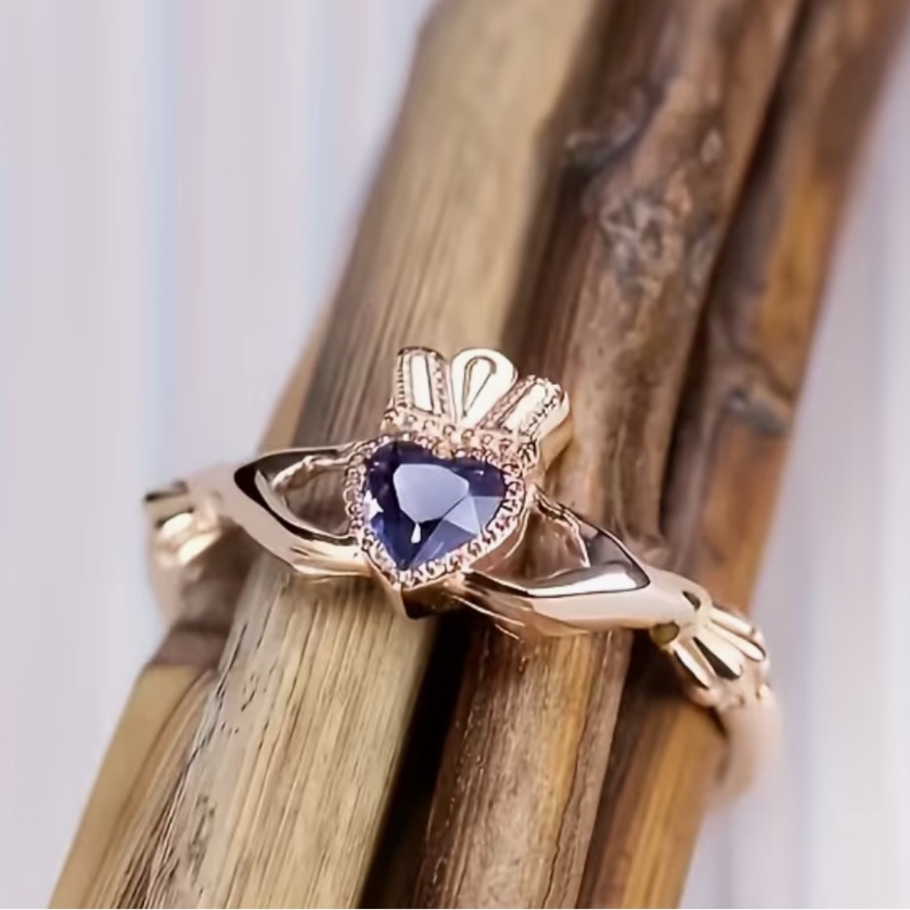 Rose Gold Heart Claddagh Ring with Blue Heart Gem